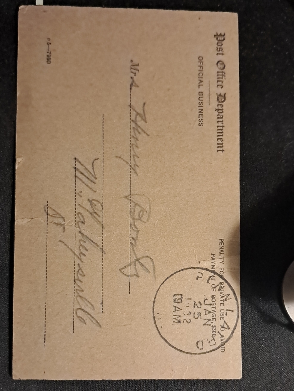 Vintage Postal Card with Official Post Office Department Marking - Tan